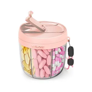Portable 7-compartment pill box organizer, food-grade plastic travel medicine container detail.