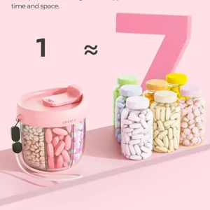 Weekly 7-day pill organizer container, portable plastic travel pill storage box set for daily use.
