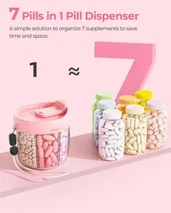 Detail view of a 7-day pill organizer dispenser in pink, portable and compact for travel use.