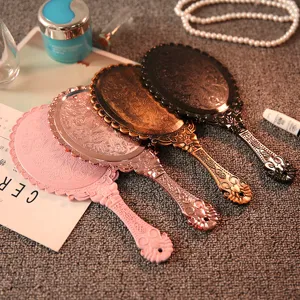 Vintage Handheld Makeup Mirror European Retro Embossed Hand Mirror Portable Cosmetic Vanity Mirror With Hanging Hole