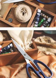 Close-up detail of multi-functional stainless steel household scissors with ergonomic blue handles.