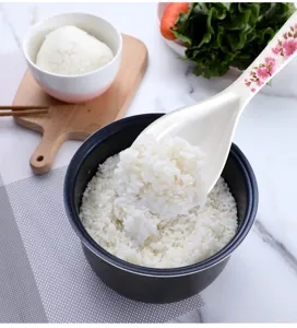 Detail shot of a non-stick melamine rice spoon featuring delicate floral design in kitchen setting.