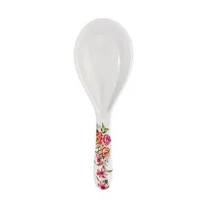 White melamine rice spoon featuring a floral handle design for everyday kitchen and dining use.