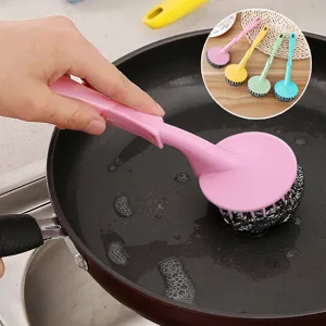 Langer Reinigungsbürste mit Edelstahldrahtball für die Küche zum Schrubben von Töpfen Pfannen.