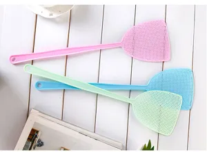 Plastic fly swatter with long handle and dense mesh net for home mosquito pest control use.