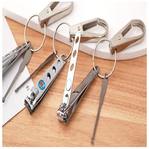 Stainless steel multi-functional nail clipper keychain set with ear pick and hanging clip.