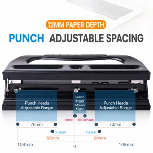 Perforadora de papel ajustable de 3 agujeros con estructura metálica y guía de profundidad.