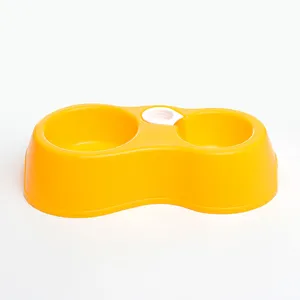 Double pet dog bowl with water dispenser feeder plastic base yellow color main product image
