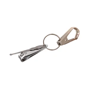 Portable stainless steel nail clipper set with ear pick and keychain, practical tool.
