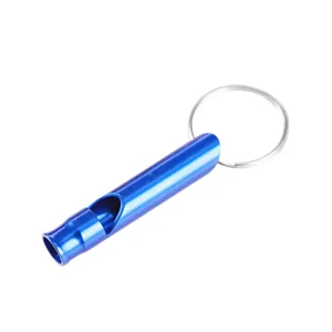 Portable aluminum survival whistle keychain for outdoor camping emergency gear and everyday carry.