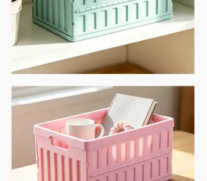 Detailed view of collapsible plastic storage basket, foldable organiser box, home decor.