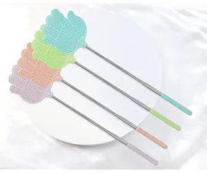 Retractable plastic fly swatter with stainless steel handle, colorful hand-shaped mesh head for home.