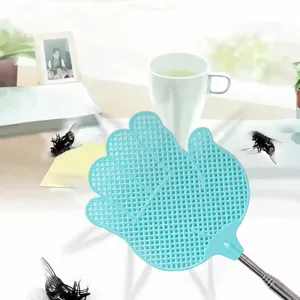 Retractable plastic fly swatter with stainless steel handle, blue hand shape design for home use.