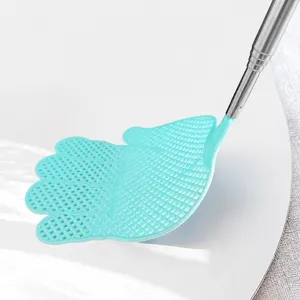 Retractable plastic fly swatter with stainless steel handle, durable household mosquito tool.