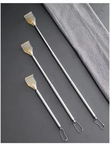 Telescopic stainless steel back scratcher with portable claw and bead chain for daily use.