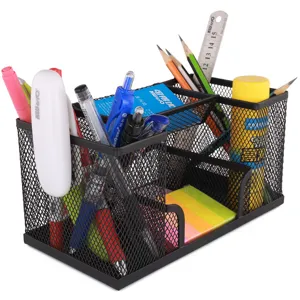 Organizzatore da scrivania in metallo nero con scomparti multipli per cancelleria e penne.