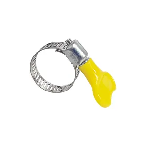 Fascetta per tubi in acciaio inossidabile con manico in plastica gialla per raccordi.