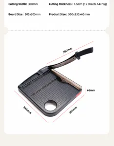 Detailed view of the office paper cutter showing dimensions, cutting width and structure specs.