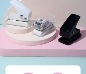 Mini single hole punch detail view showing white, transparent, and black handheld paper punchers.