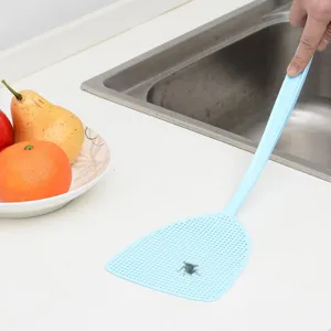 Plastic fly swatter with long handle and mesh design, durable household tool for summer mosquitoes.