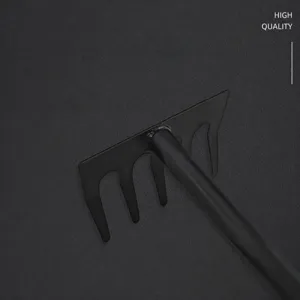 Metal garden hand rake tool for planting flowers and succulents, durable black coating.