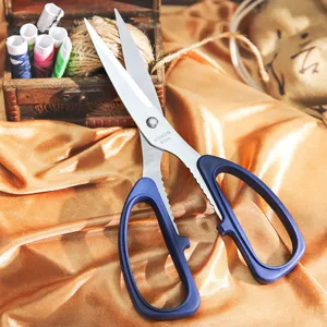 Stainless steel multi-functional household kitchen scissors with ergonomic blue handles for daily use.