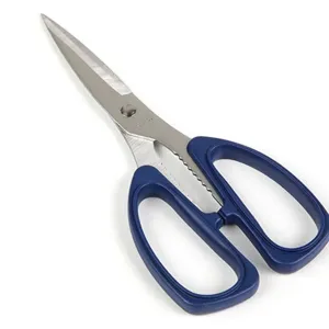 Stainless steel multi-functional kitchen scissors with durable blue handle for home use.