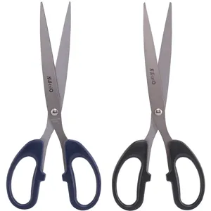 Stainless steel office scissors set with ergonomic handles in blue and black colors.