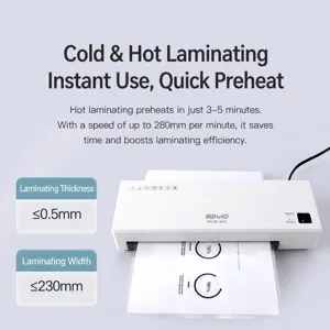 Compact A4 thermal and cold laminator machine for home office, fast warm-up and high efficiency.