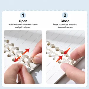 Clear 6-hole loose leaf binder rings for planner notebooks, easy open and close mechanism detail