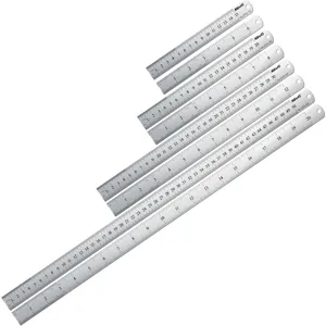 Stainless steel metal straight ruler set, precise metric measurements, office and school tool.