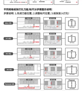Adjustable 6-hole punch instruction guide showing step-by-step paper alignment for mini and A5 sizes.