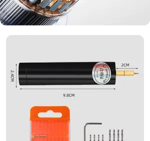 Mini electric grinder detail view showing compact size, metal chuck and micro drill bit accessories.