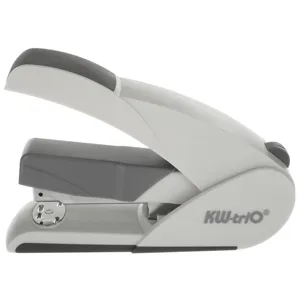 Zware kantoor-nietmachine in grijs en wit, ergonomisch ontwerp voor eenvoudig papier hechten.