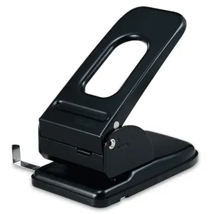 Perforatore per carta a due fori in metallo nero, robusto strumento da ufficio con guida.