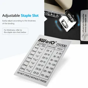 Heavy duty long arm stapler with adjustable anvil and staple size chart for thick documents.
