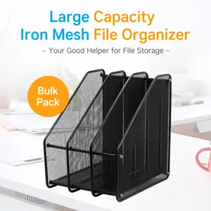 Metal mesh file organizer 3-slot vertical document holder desktop office storage stand.