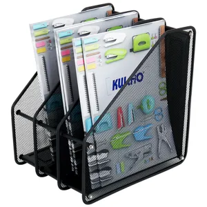 Black metal mesh desk file organizer and magazine holder with multiple compartments for office.