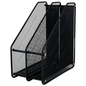 Black metal mesh desktop file organizer, 3-slot vertical magazine and document holder stand.