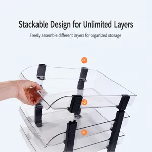 Organiseur de bureau empilable en plastique transparent, plateau de rangement modulaire.