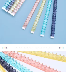 Transparent loose-leaf binder rings for notebook stationery, colorful plastic coil binding strips.