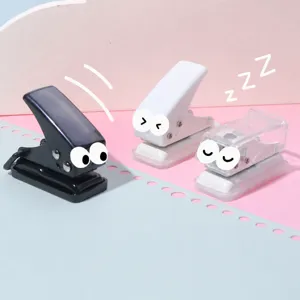 Mini single hole puncher desktop paper binder with black white and transparent options.