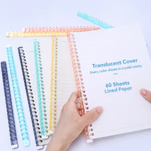 Colorful plastic loose leaf binder rings and notebook set for office and school use.