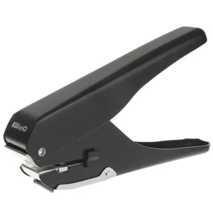Heavy duty metal handheld single hole puncher for ID cards and paper documents, black finish.