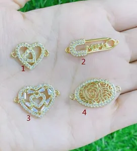 Gold Plated Copper Alloy Heart Safety Pin Floral Pendants DIY Connector Rhinestone Jewelry Making Charms Accessories