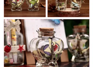 Heart-shaped glass wish bottle with cork stopper and Eiffel tower pendant for birthday gifts.