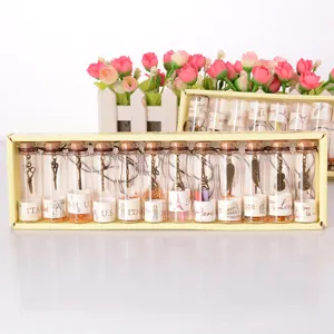 Ensemble de mini bouteilles en verre vintage avec breloques en métal et boîte-cadeau.