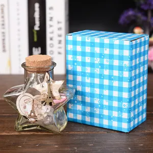Botella de deseos de estrella de vidrio con corcho, colgante metálico y caja de regalo.