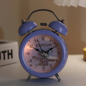 Cute Kuromi cartoon alarm clock twin bell metal purple bedside desk clock for kids bedroom.