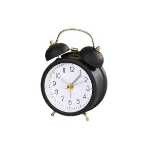 Silent twin-bell alarm clock, black round desk clock with gold hands for students and office.